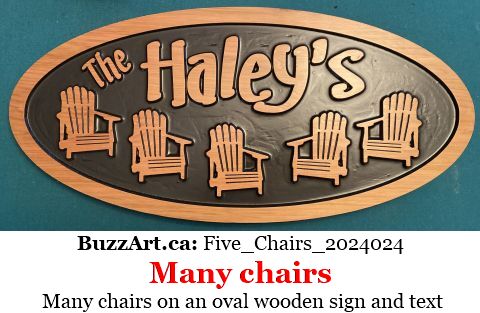 Many chairs on an oval wooden sign and text